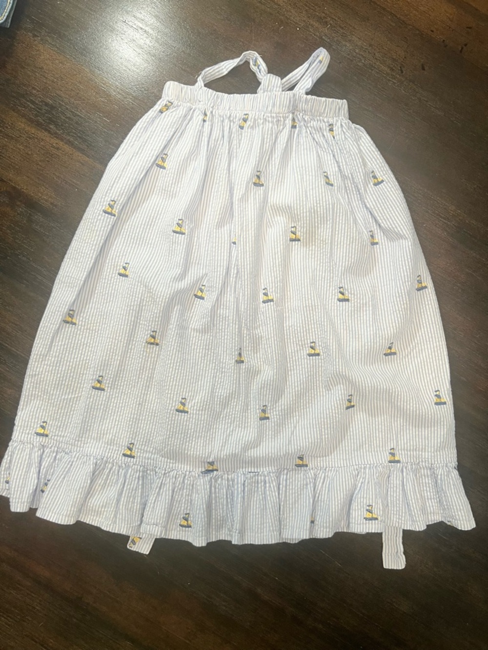 Light Blue Striped A-Line Skirt with Yellow Sailboat Embroidery